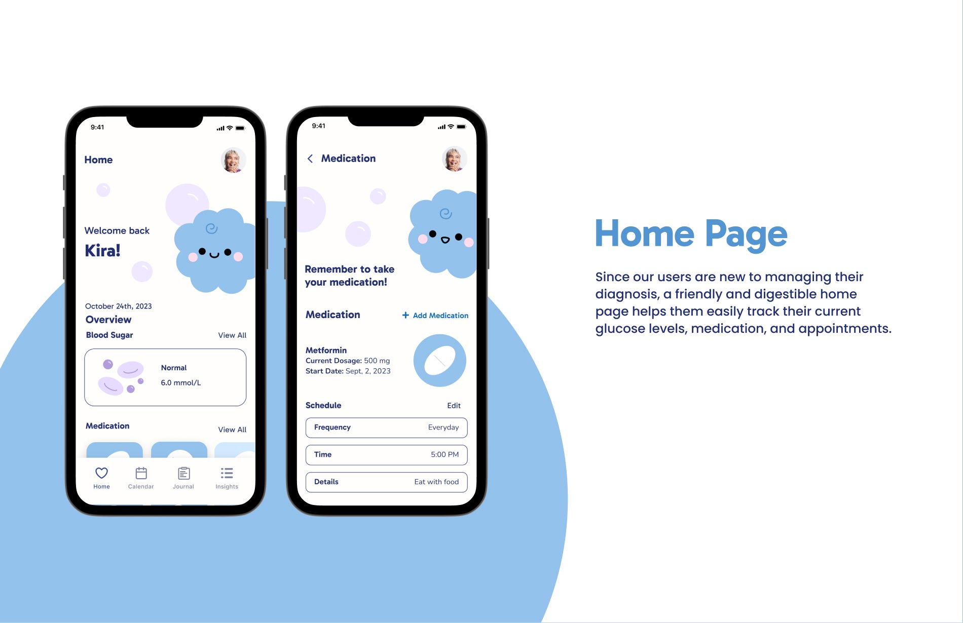 Homepage mockup of GlucoPal's diabetes tracking app, featuring a dashboard with personalized health metrics, easy navigation, and a clear layout for first-time users to track their blood sugar levels medication and appointments.