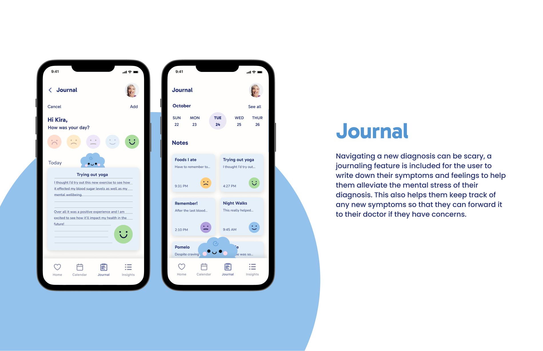 Mockup of the GlucoPal app's journaling feature, designed to help users track symptoms and emotions related to their diabetes diagnosis