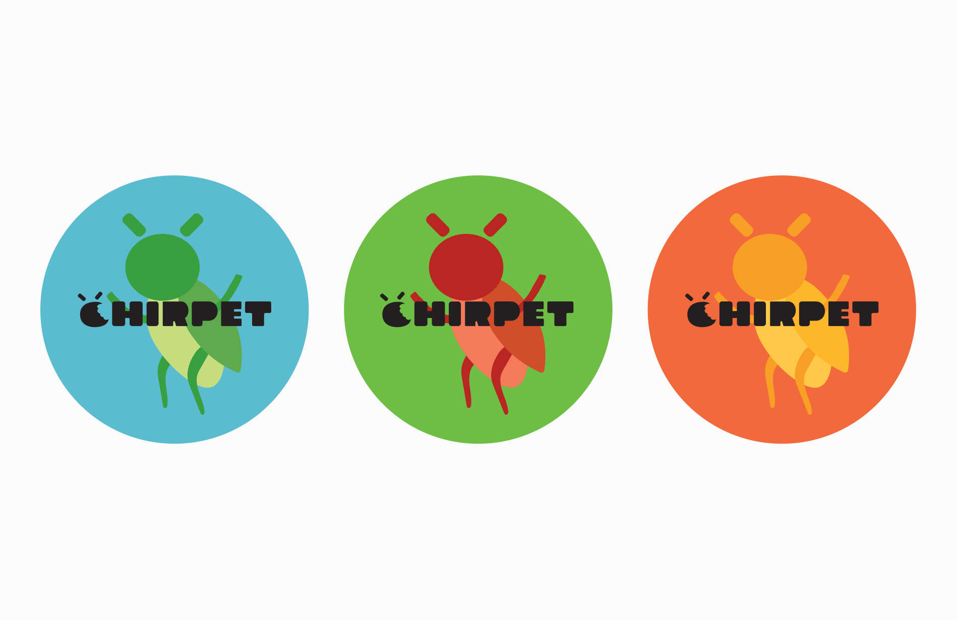 Design flats of the Chirpet can lids, featuring a cricket illustration and the Chirpet logo.