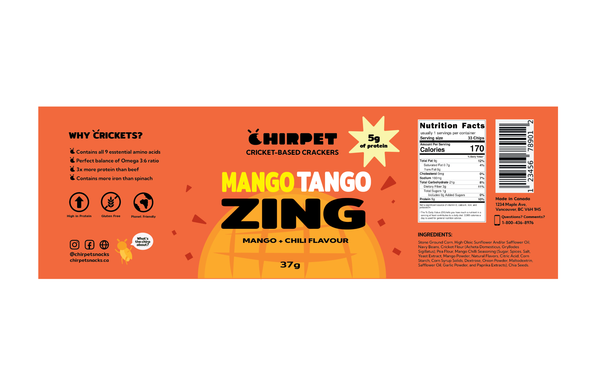 Design layout flat of the 'Mango Tango Zing' Chirpet can label, featuring branding, flavor name, and mango illustration.