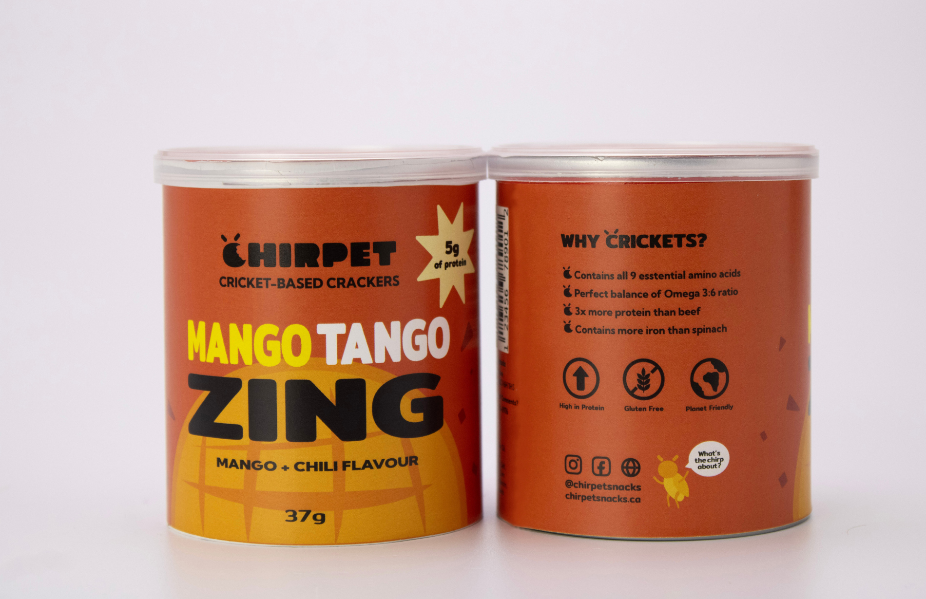 Front and back panels of the snack can for the flavour 'Mango Tango Zing', displaying branding and product details.