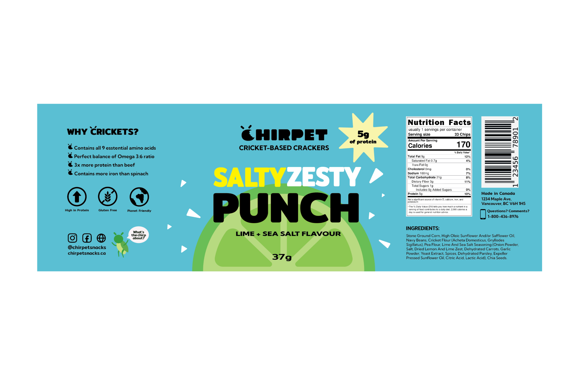 Design layout flat of the 'Salty Zesty Punch' Chirpet can label, featuring branding, flavor name, and lime illustration.