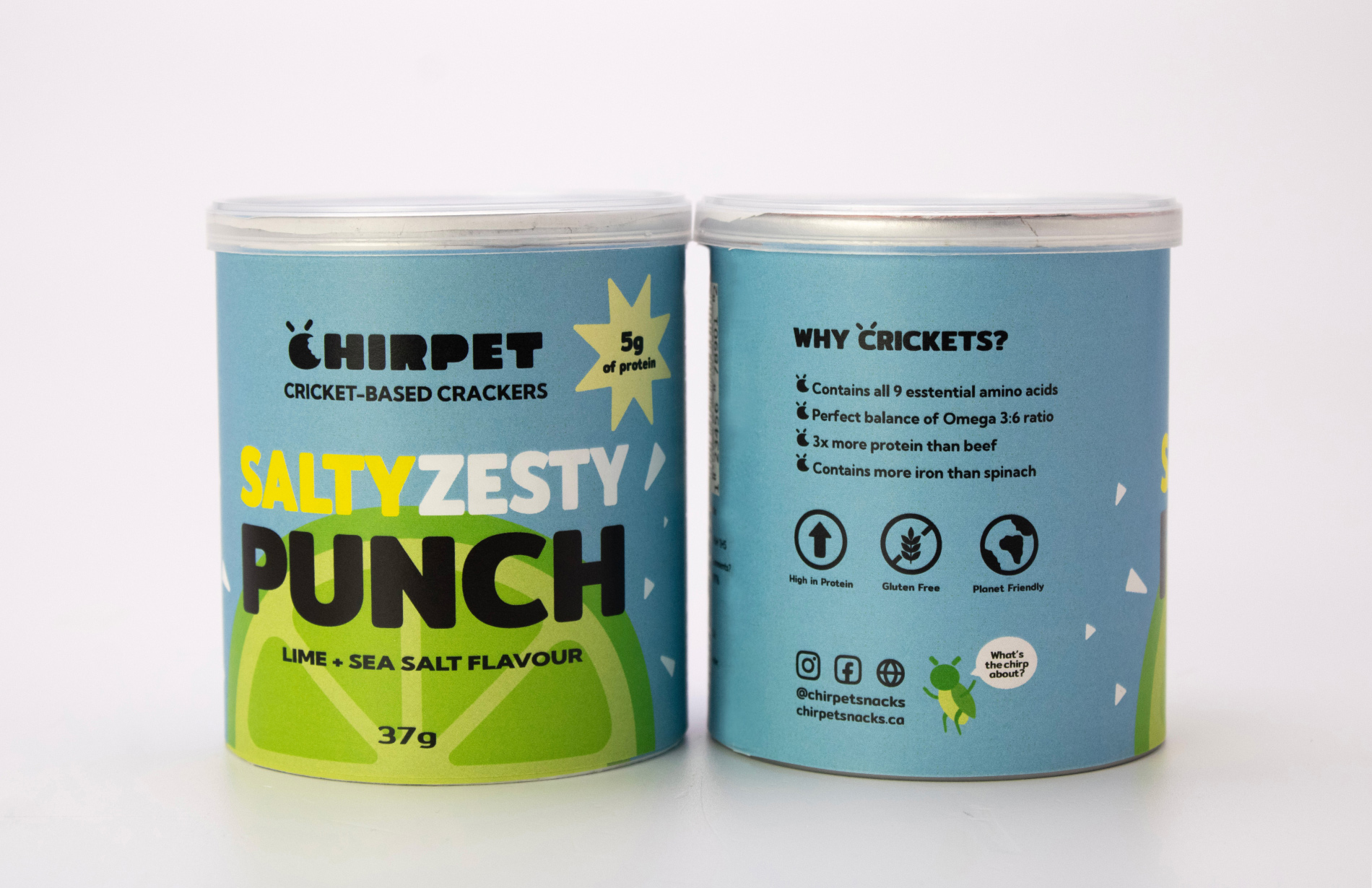 Front and back panels of the snack can for the flavour 'Salty Zesty Punch', displaying branding and product details.