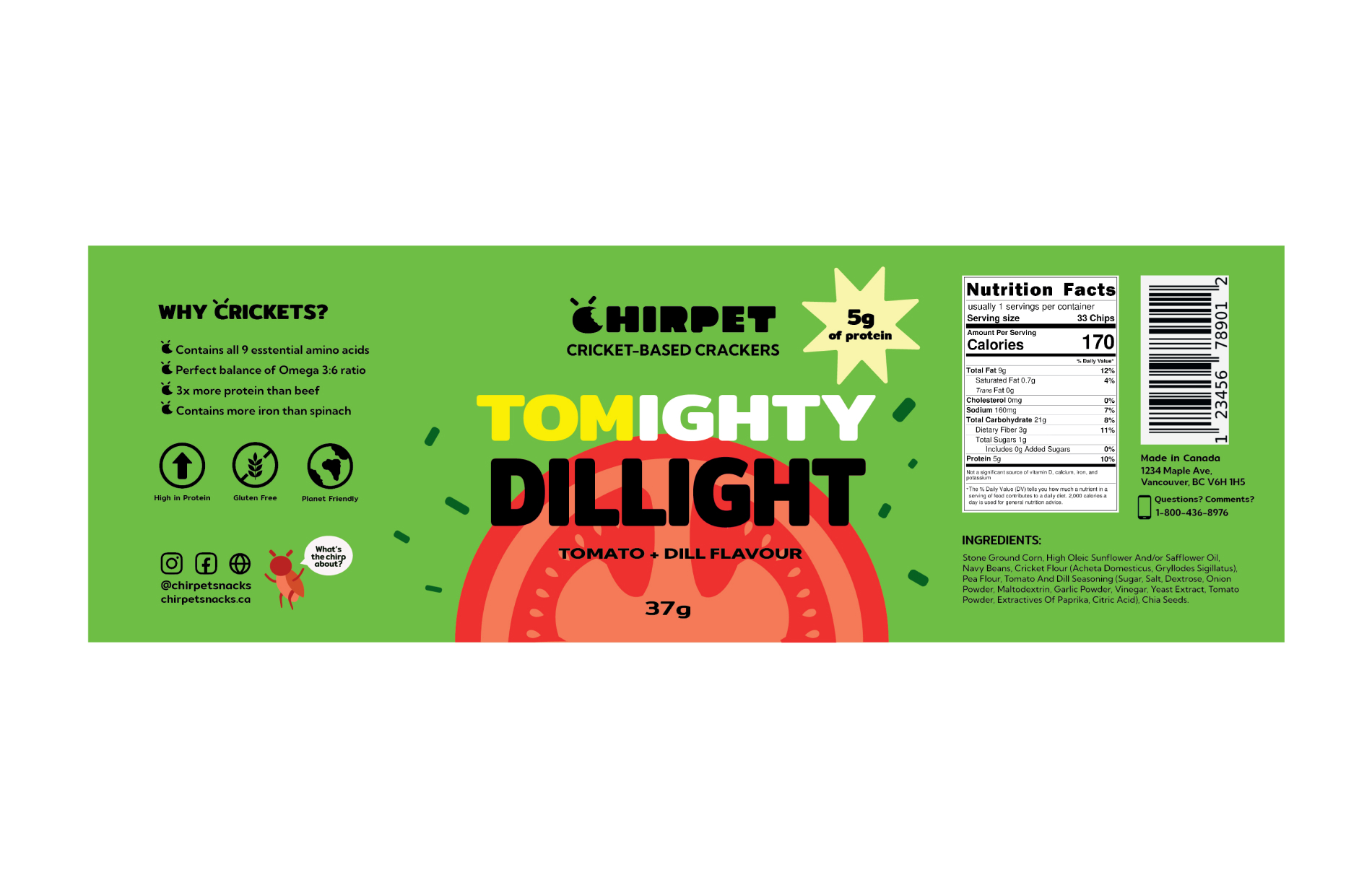 Design layout flat of the 'Tomighty Dillight' Chirpet can label, featuring branding, flavor name, and tomato illustration.