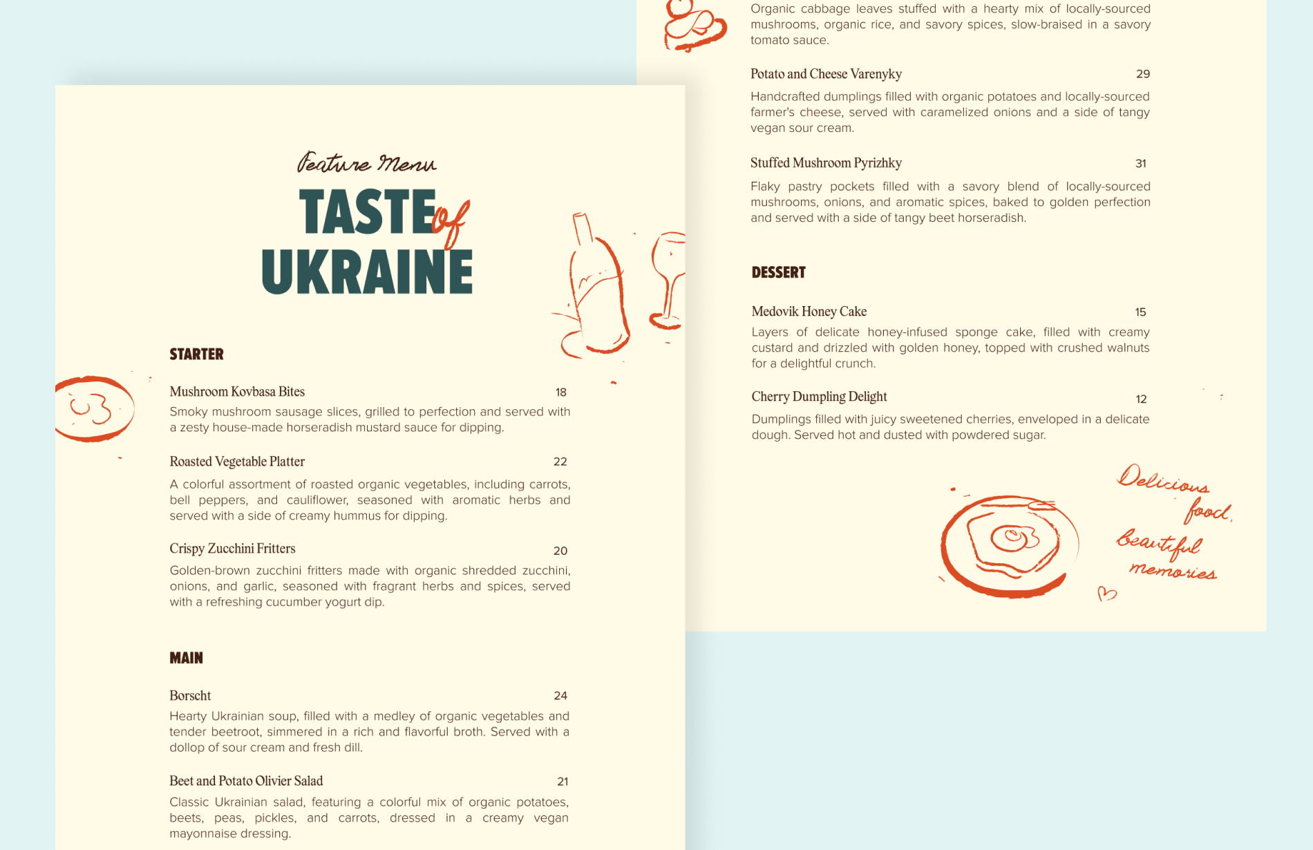 Image showcasing the featured menu layout designs for Khale, featuring clean typography and hand-drawn food illustrations that highlight the restaurant’s offerings.