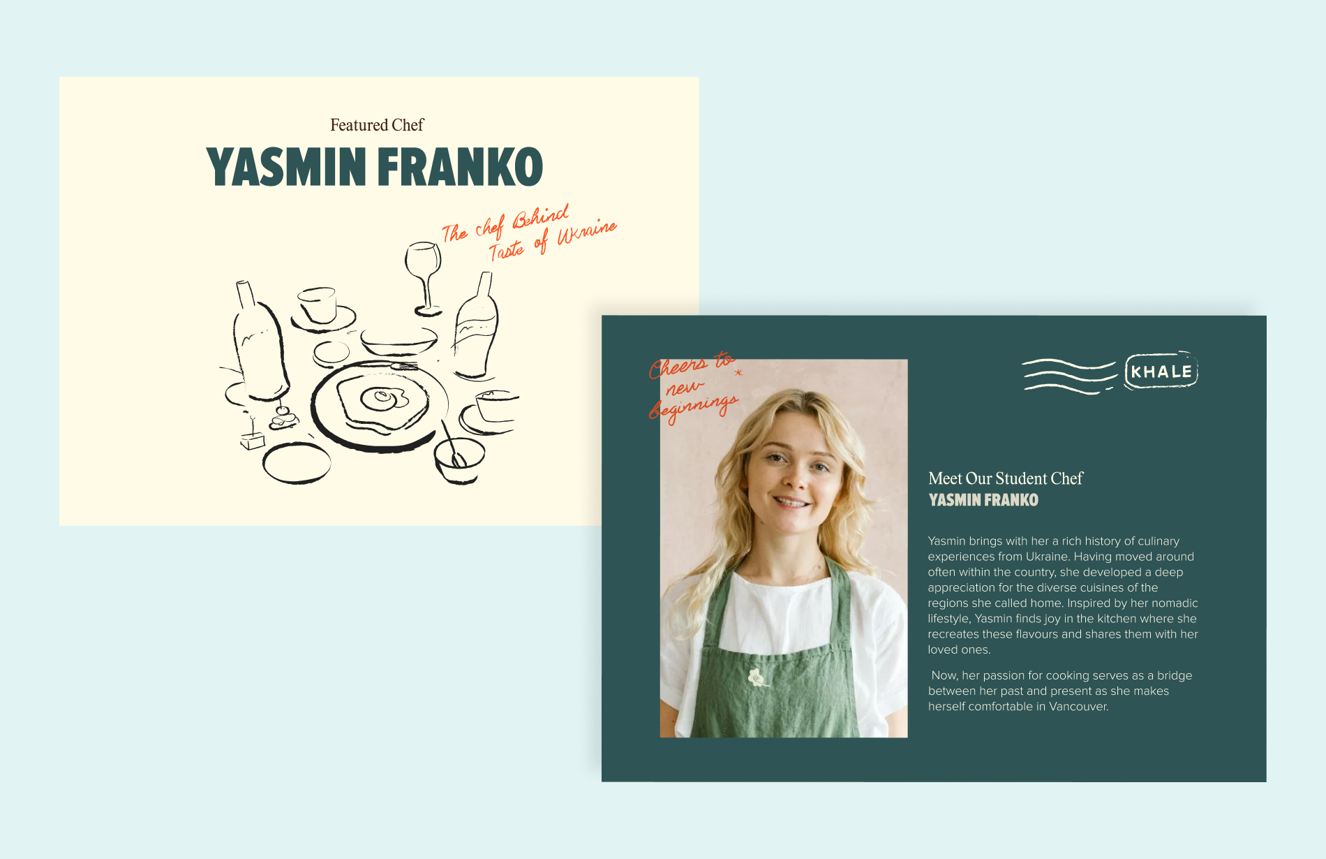 Image of the front and back panels of the featured student chef card, with the front showcasing their name and Khale branding illustration and the back showcasing their photo, name and personal bio.