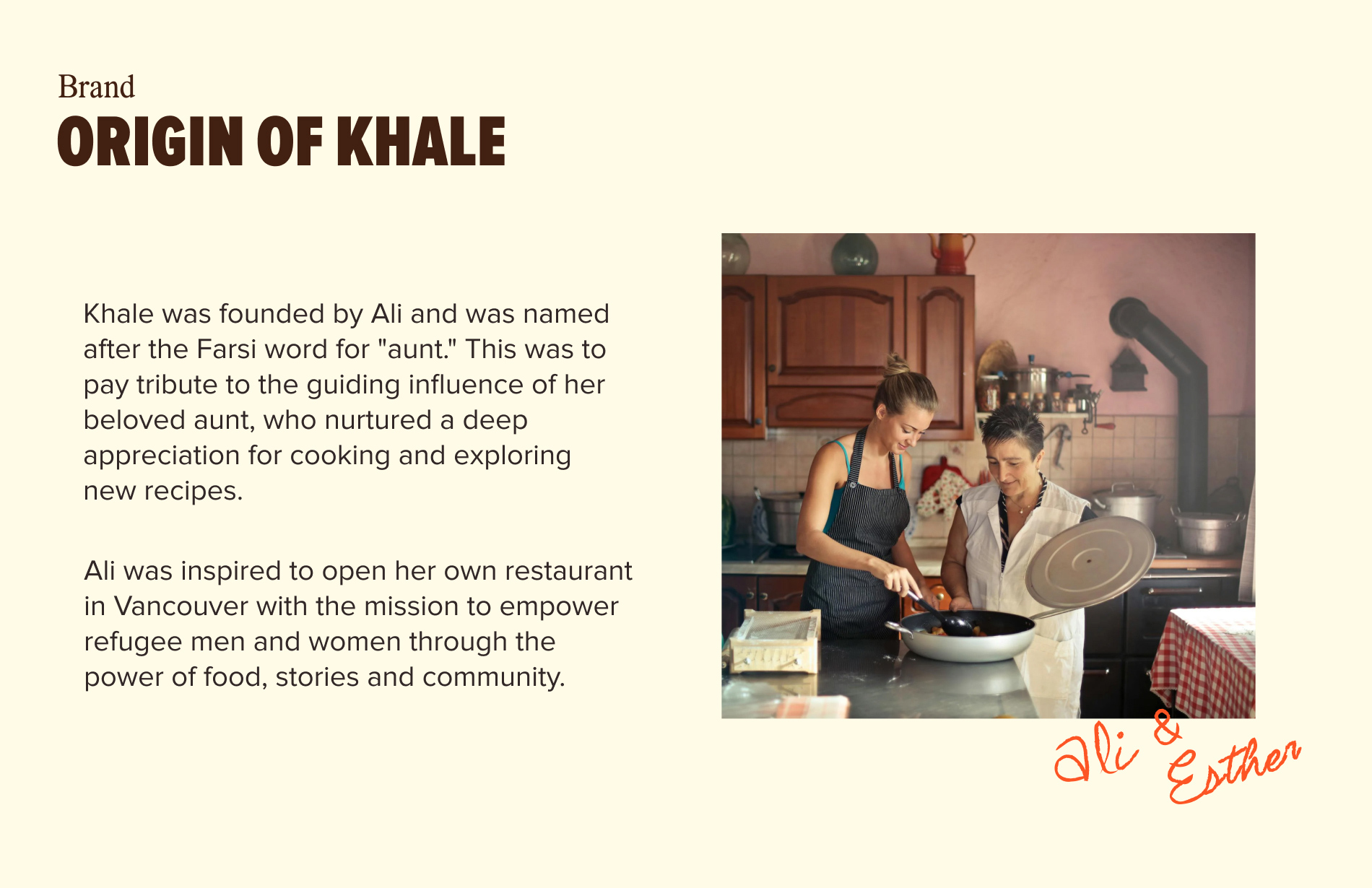 Image of Khale’s origin story, featuring a tribute to the founder's aunt, whose influence inspired the brand name 'Khale' (meaning 'aunt' in Farsi). The image captures the essence of cooking and a love for exploring new recipes