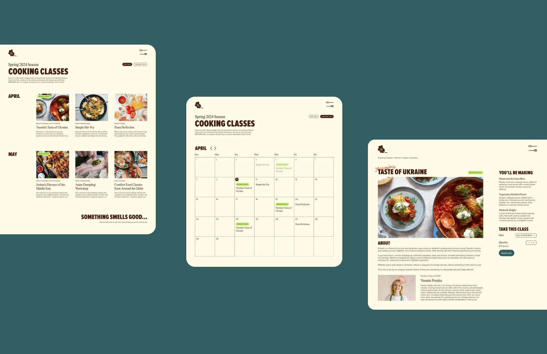 Calendar website view of Khale's cooking workshops, showing available dates for booking classes, along with descriptions of each class and the lead student chef.