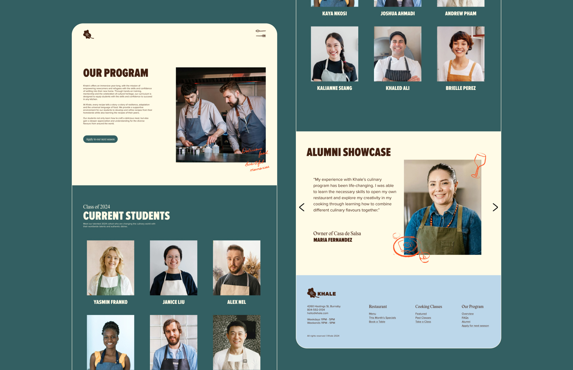 Programs page of Khale's website, featuring descriptions of the cooking education program, profiles of current students, and an alumni showcase.