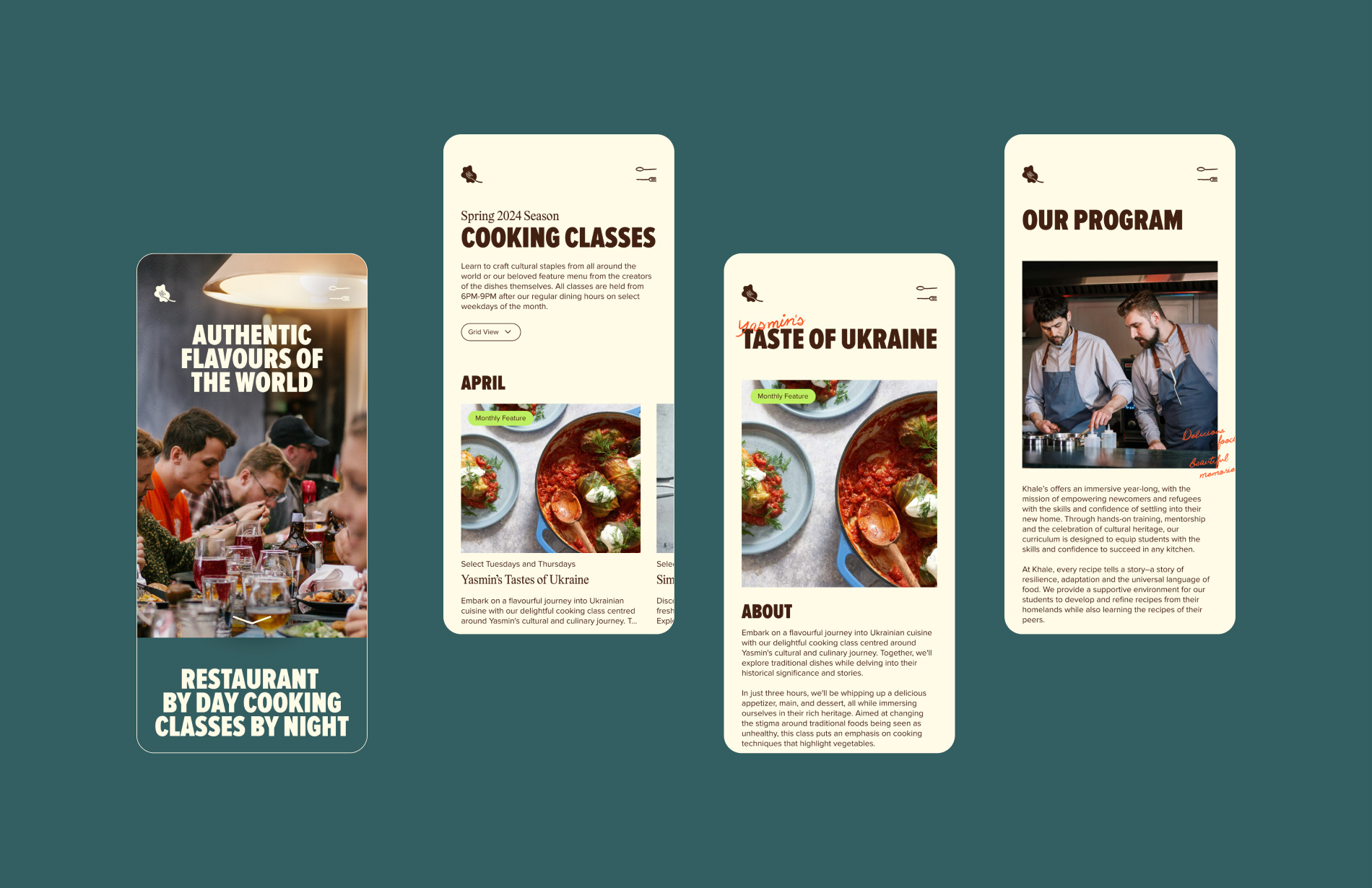 Four mockups of Khale’s mobile website layout, featuring the home page, calendar page, cooking class details page, and programs page