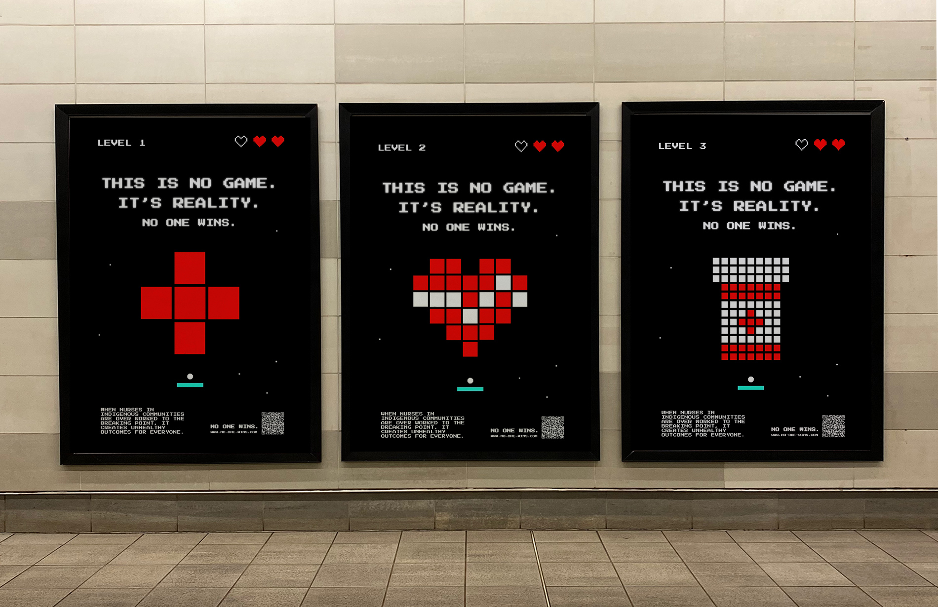 Set of 3 poster mockups showcasing different healthcare illustrations in a pixel grid style with the title reading 'This is no game. It's reality. No One Wins.