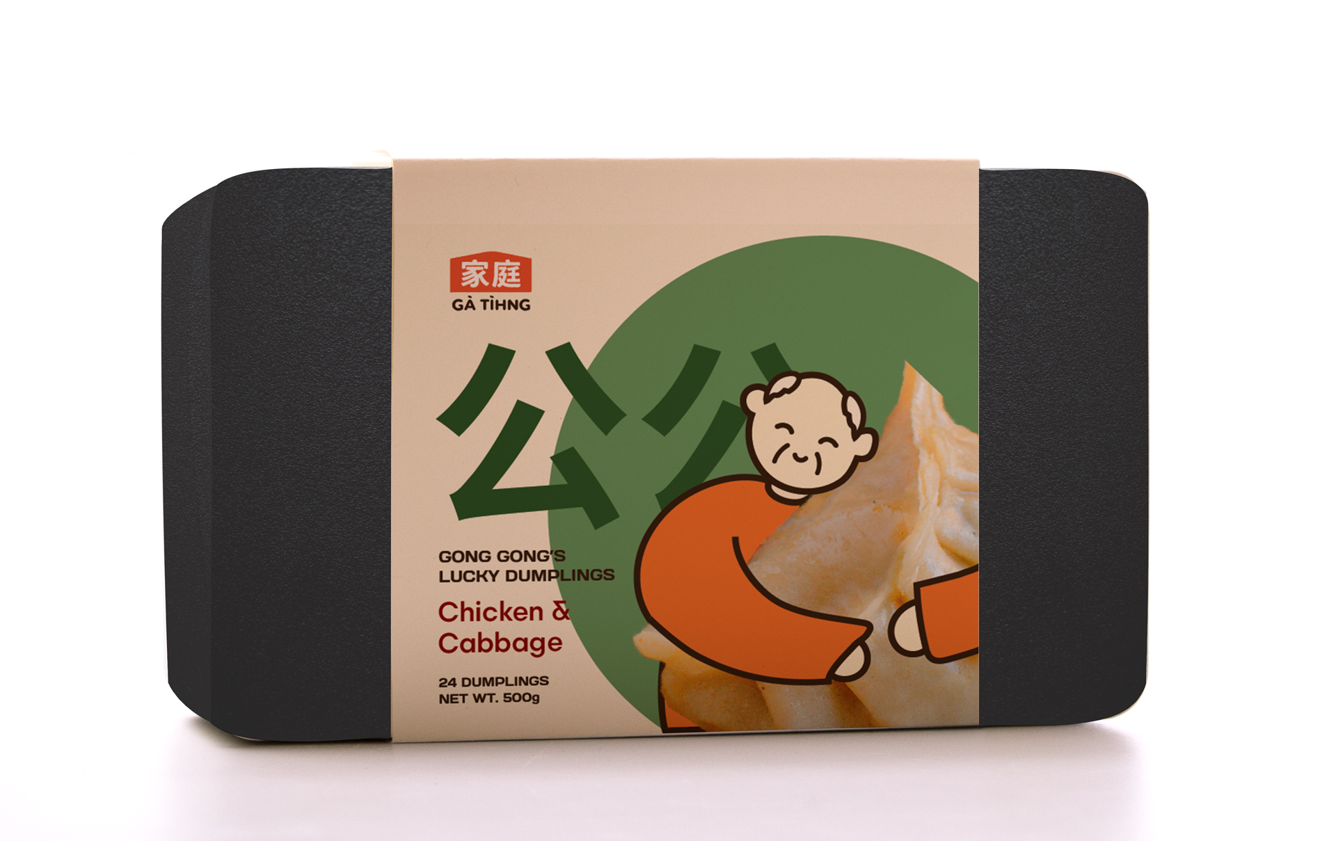 Mockup of Gá Tíhng packaging for Mom's Nourishing Dumplings in Shrimp and Mushroom flavour, featuring an illustration of Mom lovingly hugging a wonton dumpling, evoking warmth and family comfort.