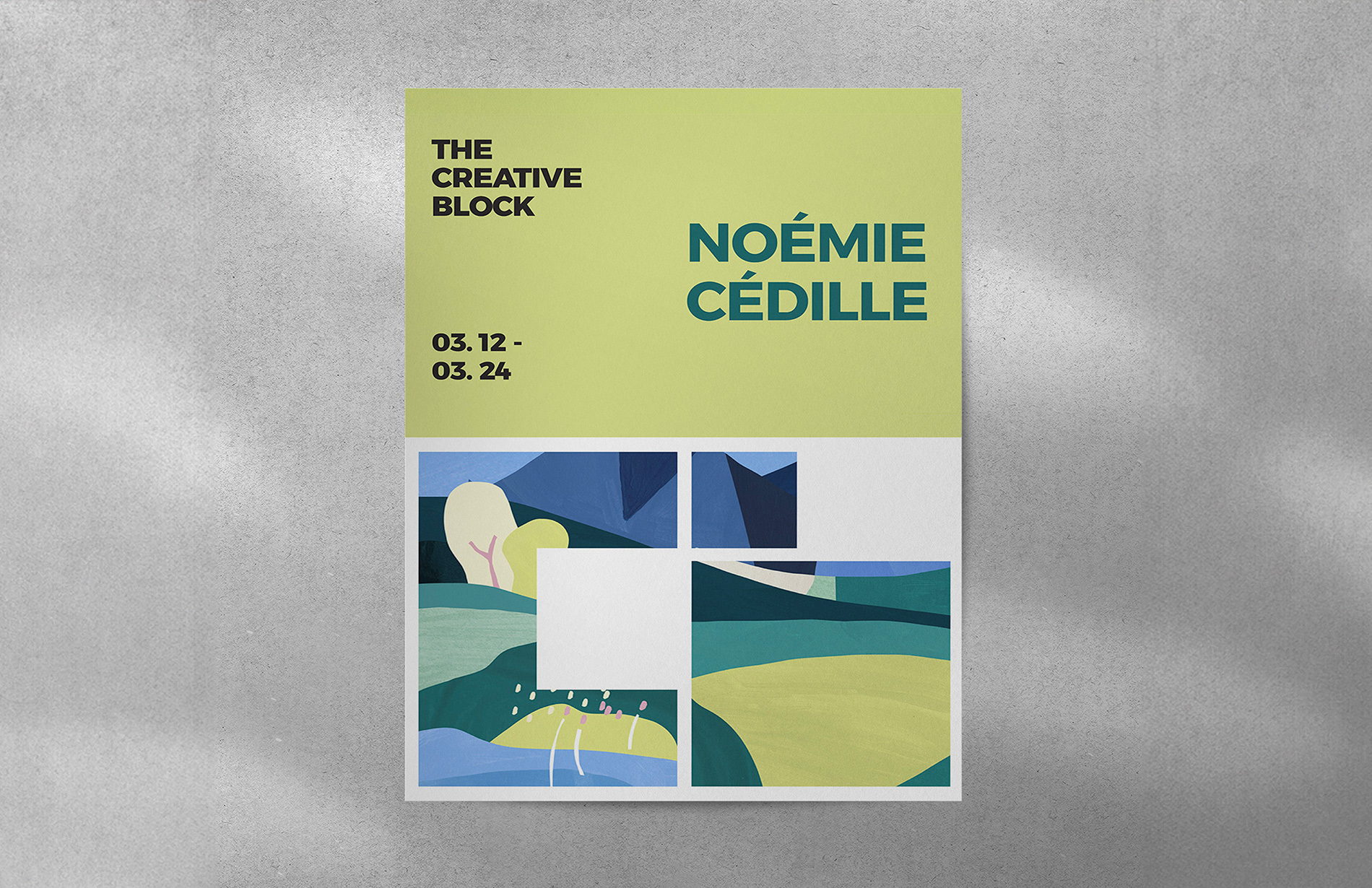 Poster showcasing featured artwork by Noémie Cédille with THe Creative Block branding, shown against a grey concrete wall.